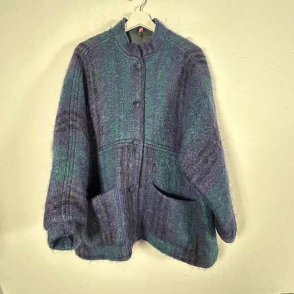 Vintage 60s/70s Freedom Wear by Treas Ni Riain Mohair Plaid Jacket/Coat XL Blue - Picture 1 of 12